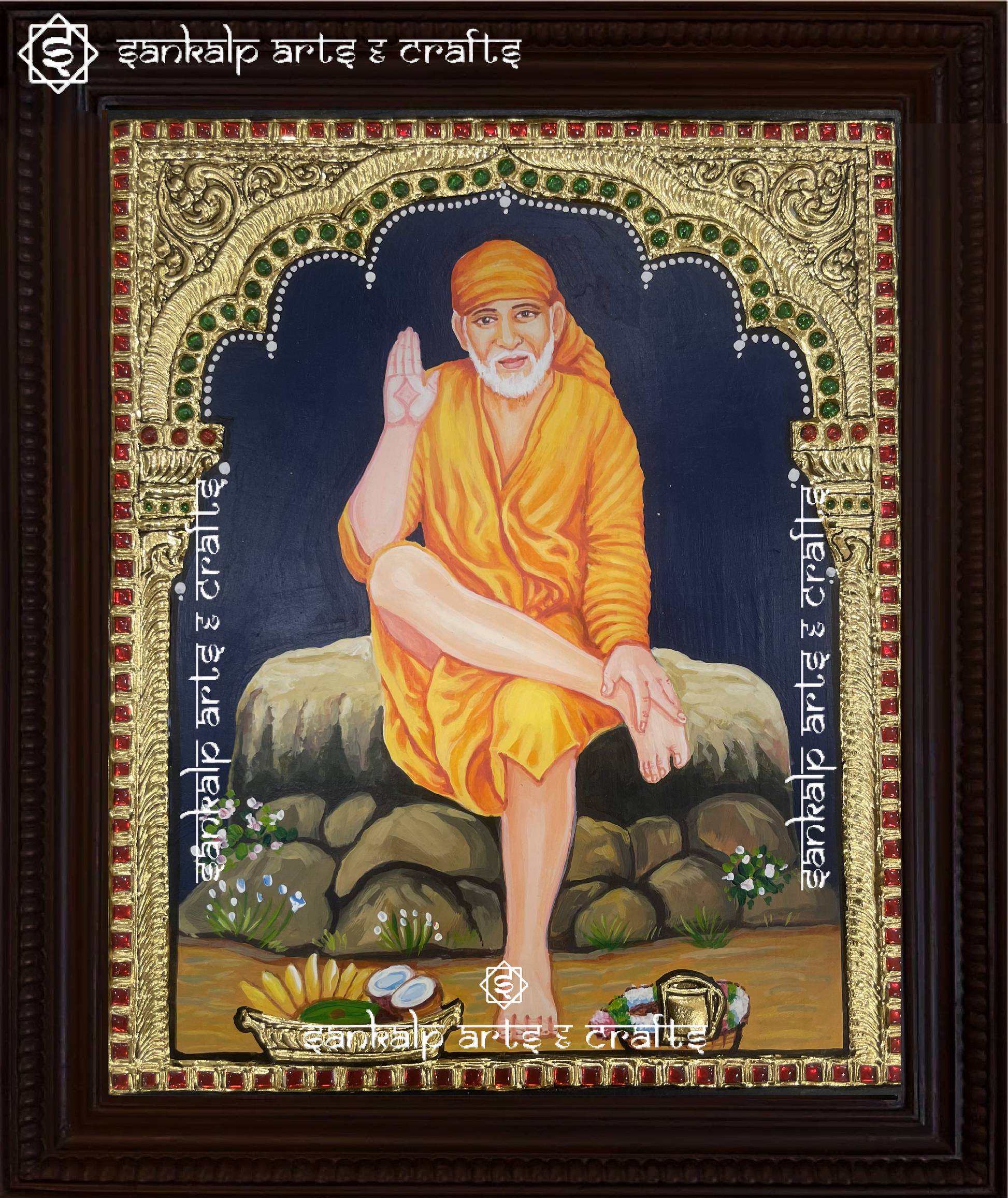A beautifully handcrafted Saibaba Tanjore painting with rich gold foil detailing, perfect for home decor in Chennai & Bangalore.

