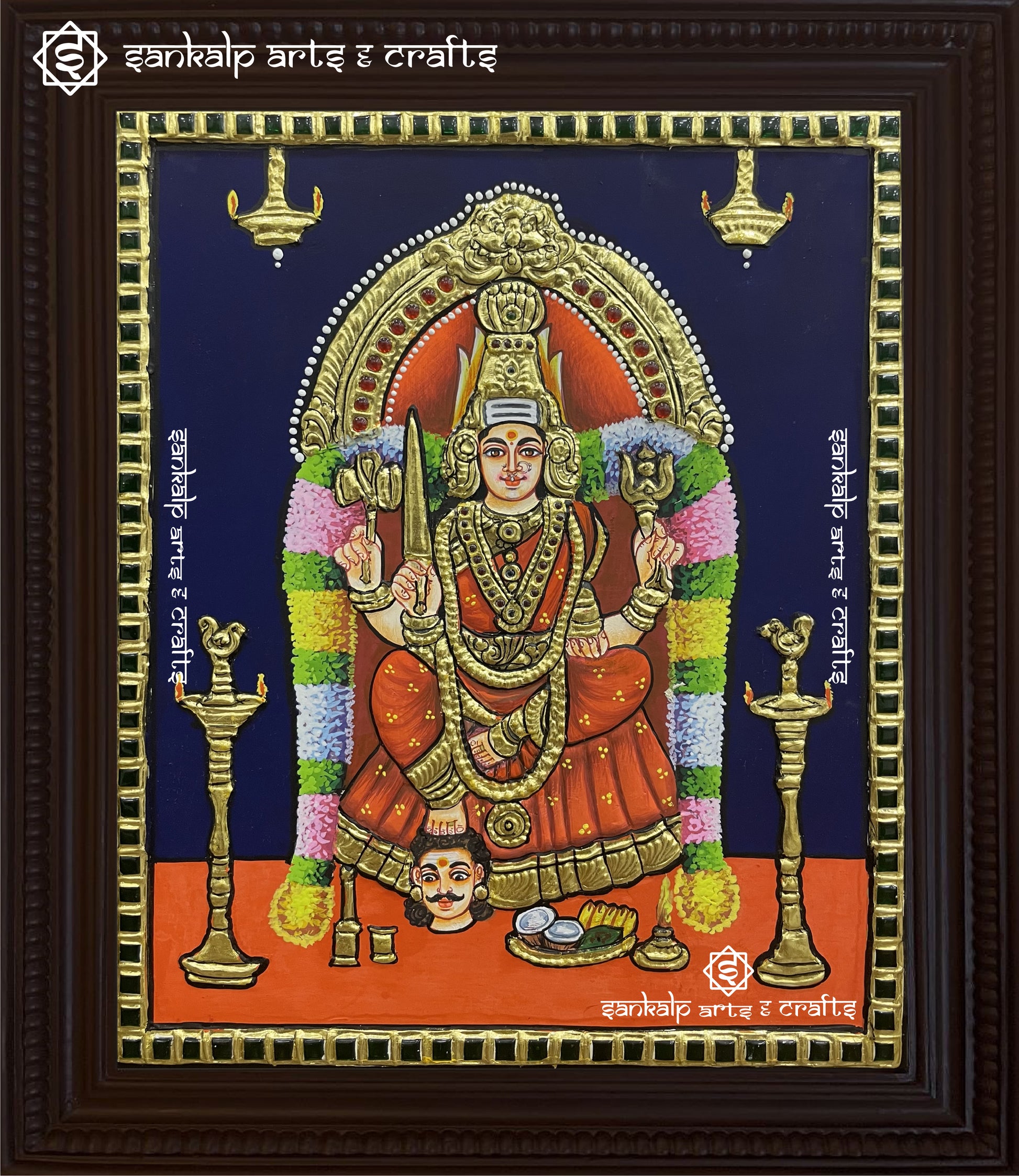 A magnificent Samayapuram Mari Amman Tanjore painting, featuring the goddess in vibrant colors with intricate gold foil detailing, symbolizing protection and divine grace.