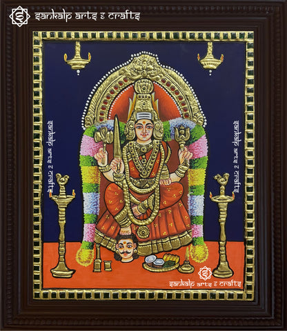 A magnificent Samayapuram Mari Amman Tanjore painting, featuring the goddess in vibrant colors with intricate gold foil detailing, symbolizing protection and divine grace.