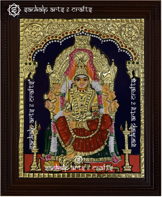 A beautifully framed Tanjore painting of Samayapuram Mariamman, featuring intricate gold detailing and vibrant colors. A perfect decor piece for homes in Chennai & Bangalore.