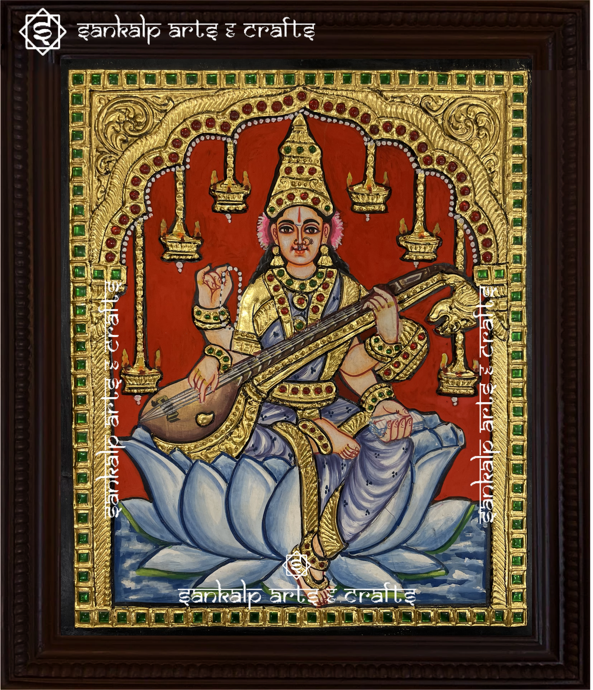 A divine antique-style Tanjore painting of Goddess Saraswathi, adorned with intricate gold foil work, perfect for home decor in Chennai & Bangalore.

