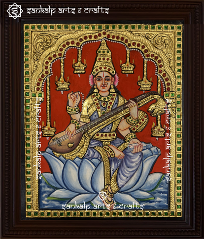 A divine antique-style Tanjore painting of Goddess Saraswathi, adorned with intricate gold foil work, perfect for home decor in Chennai & Bangalore.

