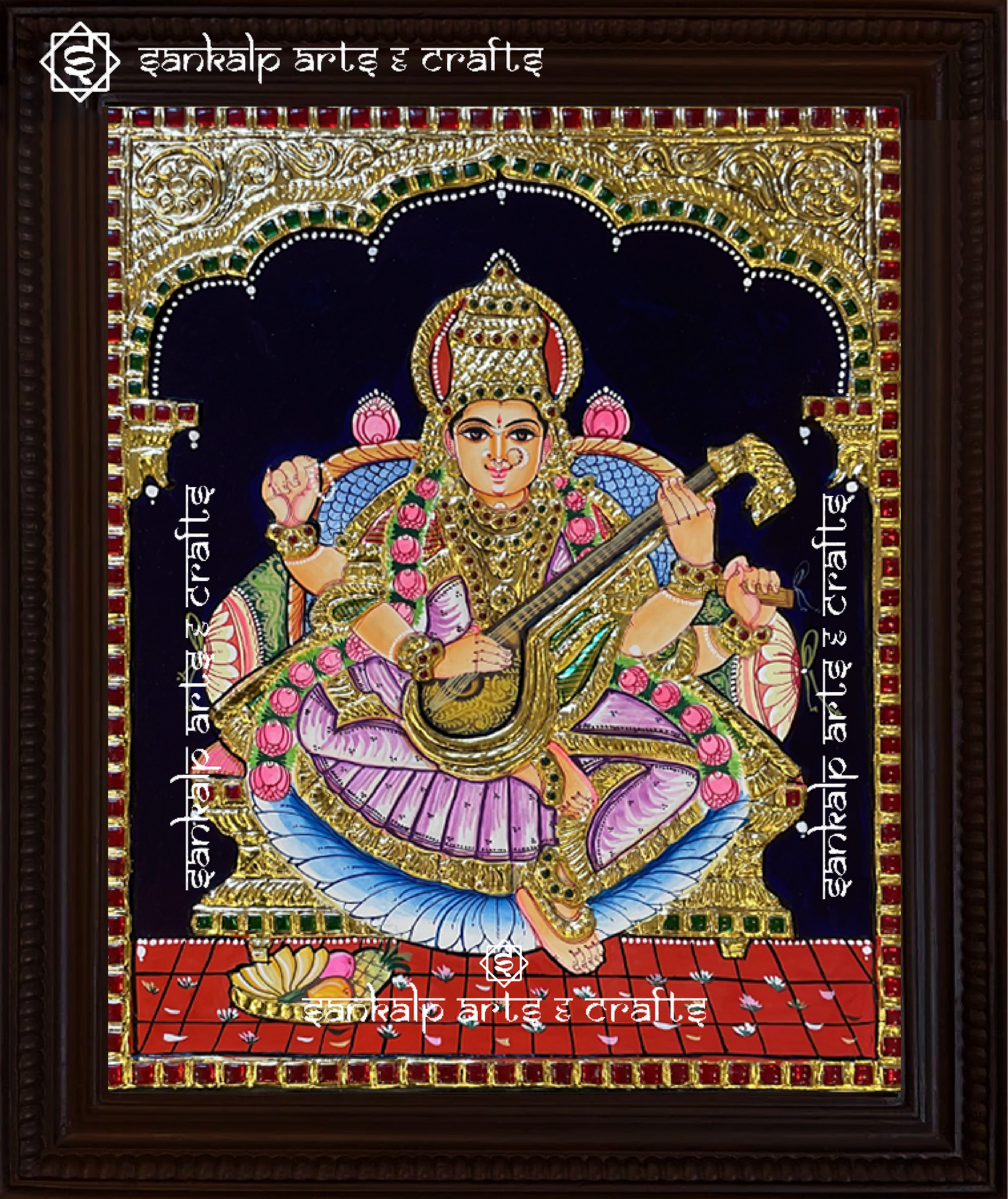 A divine antique-style Tanjore painting of Goddess Saraswathi, adorned with intricate gold foil work, perfect for home decor in Chennai & Bangalore.

