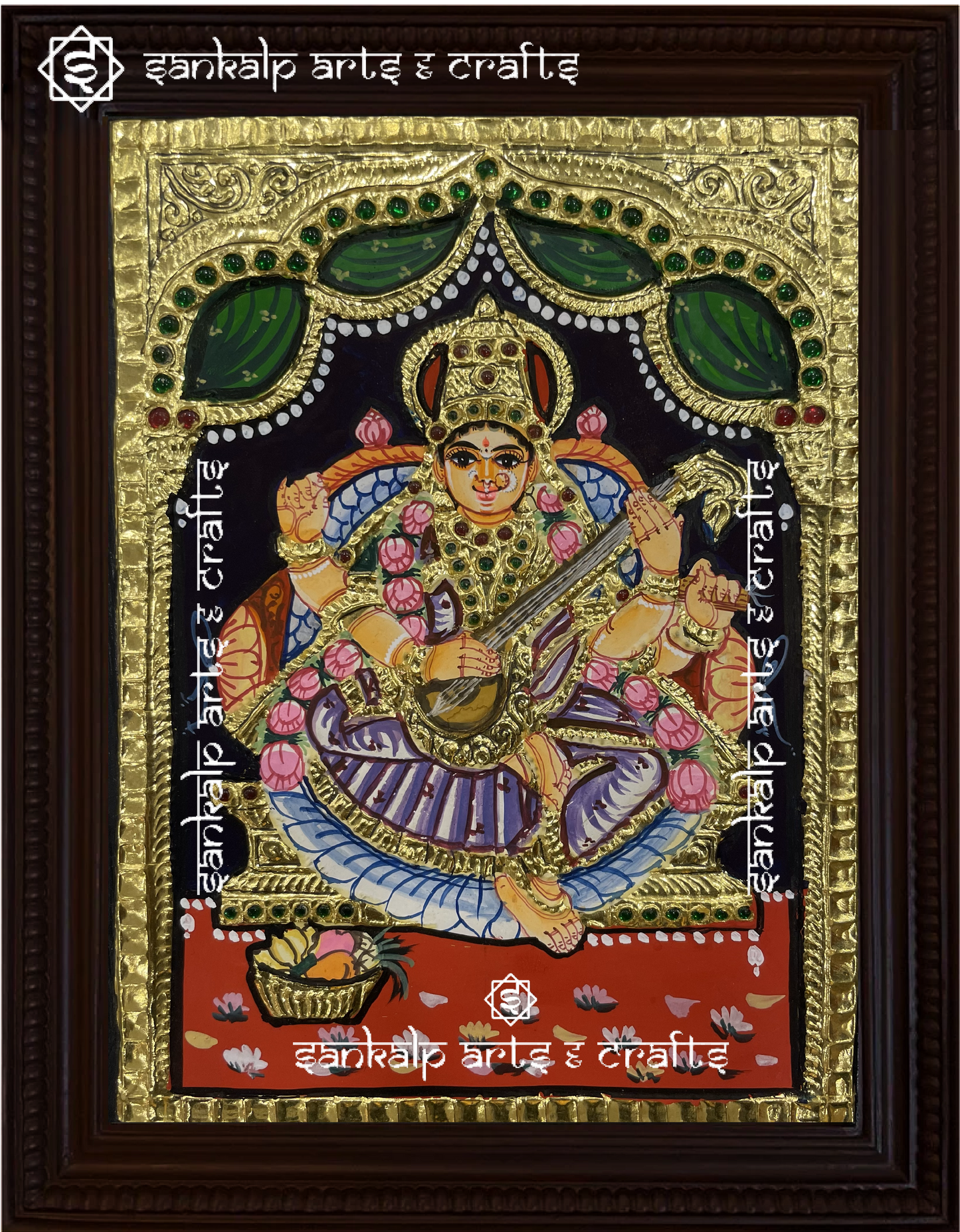 A divine antique-style Tanjore painting of Goddess Saraswathi, adorned with intricate gold foil work, perfect for home decor in Chennai & Bangalore.

