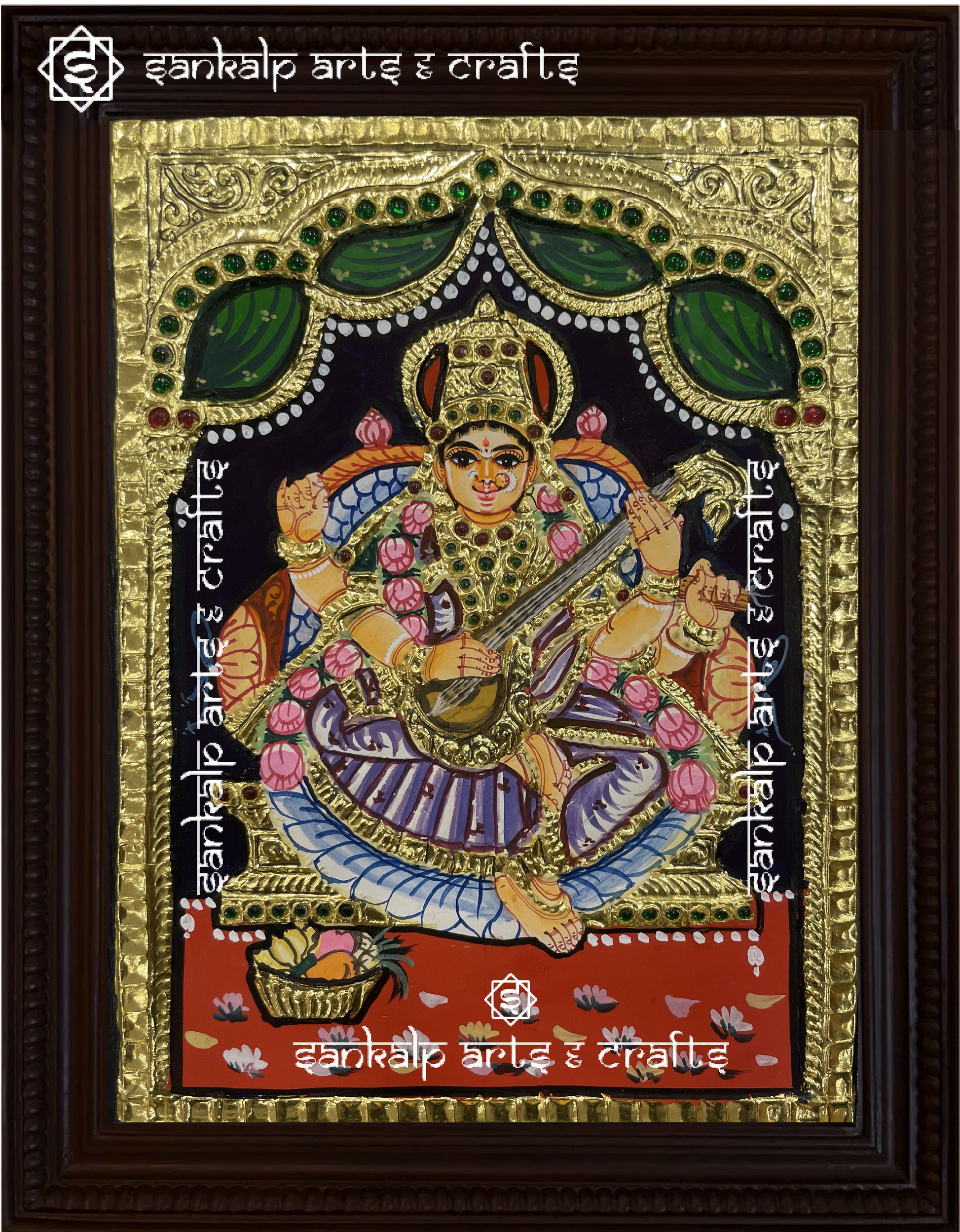 A divine antique-style Tanjore painting of Goddess Saraswathi, adorned with intricate gold foil work, perfect for home decor in Chennai & Bangalore.

