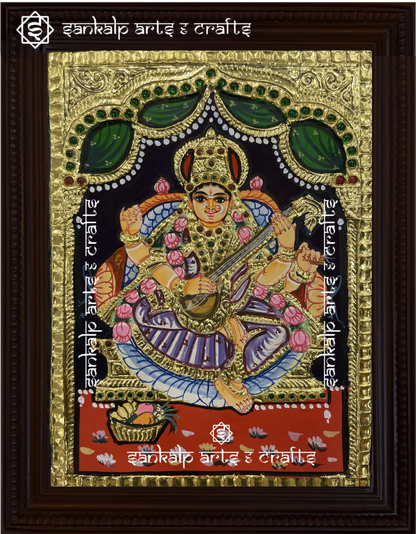 A divine antique-style Tanjore painting of Goddess Saraswathi, adorned with intricate gold foil work, perfect for home decor in Chennai & Bangalore.

