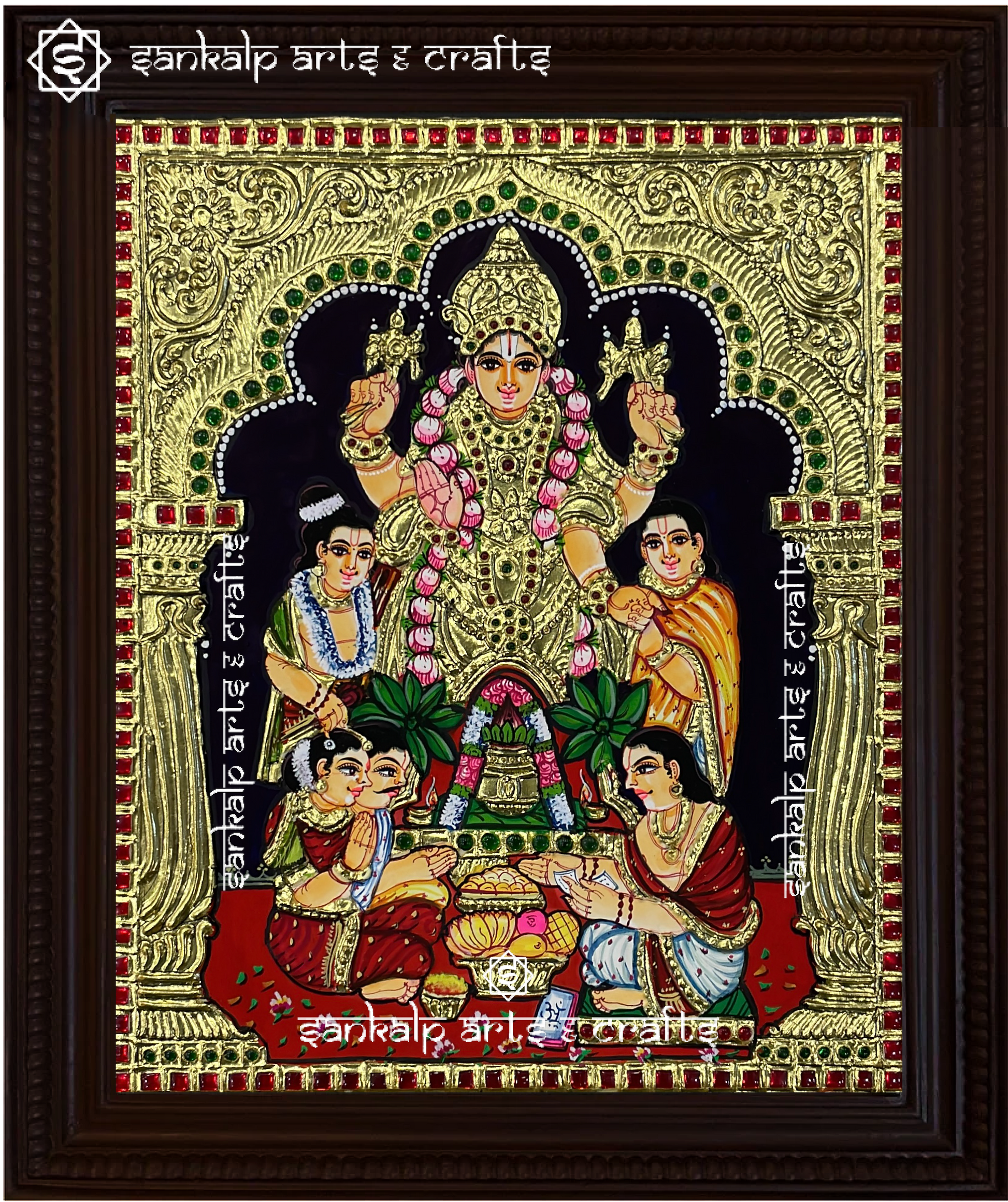 A beautifully handcrafted Sathyanarayanaswamy Tanjore painting with gold foil detailing, enhancing home decor in Chennai & Bangalore.

