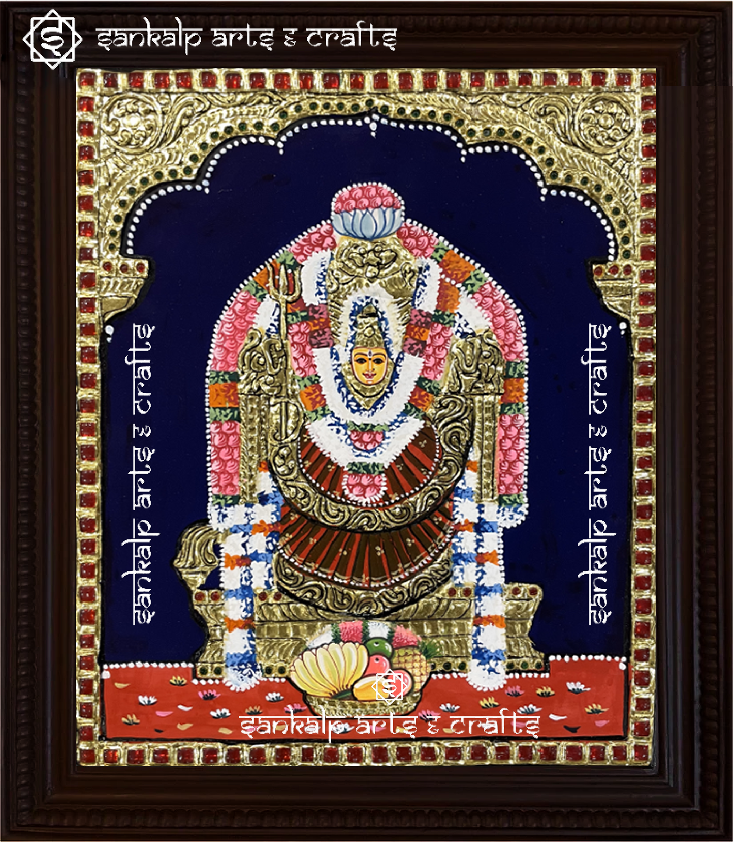 A beautifully handcrafted Selvanayagi Tanjore painting in Chennai & Bangalore, featuring the divine goddess adorned with intricate gold foil detailing, vibrant colors, and traditional embellishments, symbolizing grace and prosperity.

