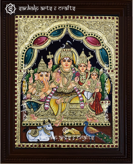 A beautiful Shivan Family Tanjore painting featuring Lord Shiva, Parvati, Ganesha, and Karthikeya with intricate gold foil detailing. Available in Chennai & Bangalore.

