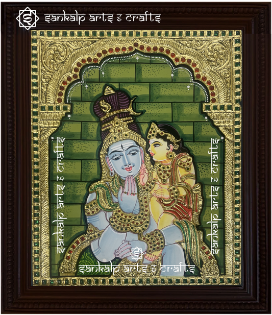 A beautifully framed Tanjore painting of Lord Shiva and Lord Murugan, adorned with intricate gold detailing. A perfect decor piece for homes in Chennai & Bangalore.