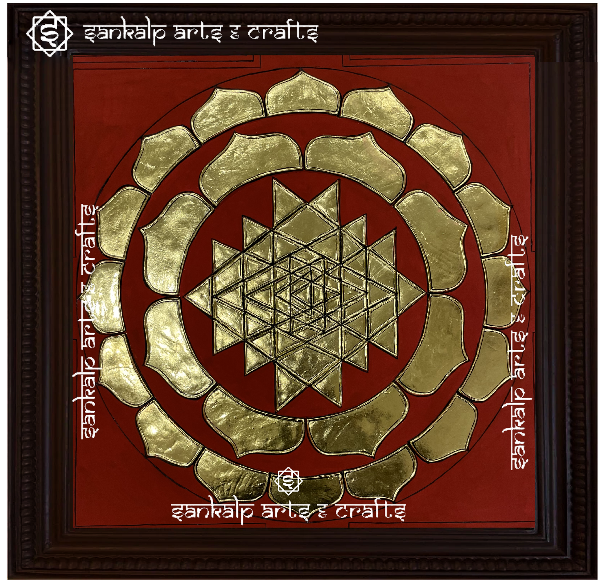 This Sri Chakram Tanjore painting symbolizes cosmic energy and prosperity, making it a perfect devotional artwork for homes in Chennai & Bangalore.