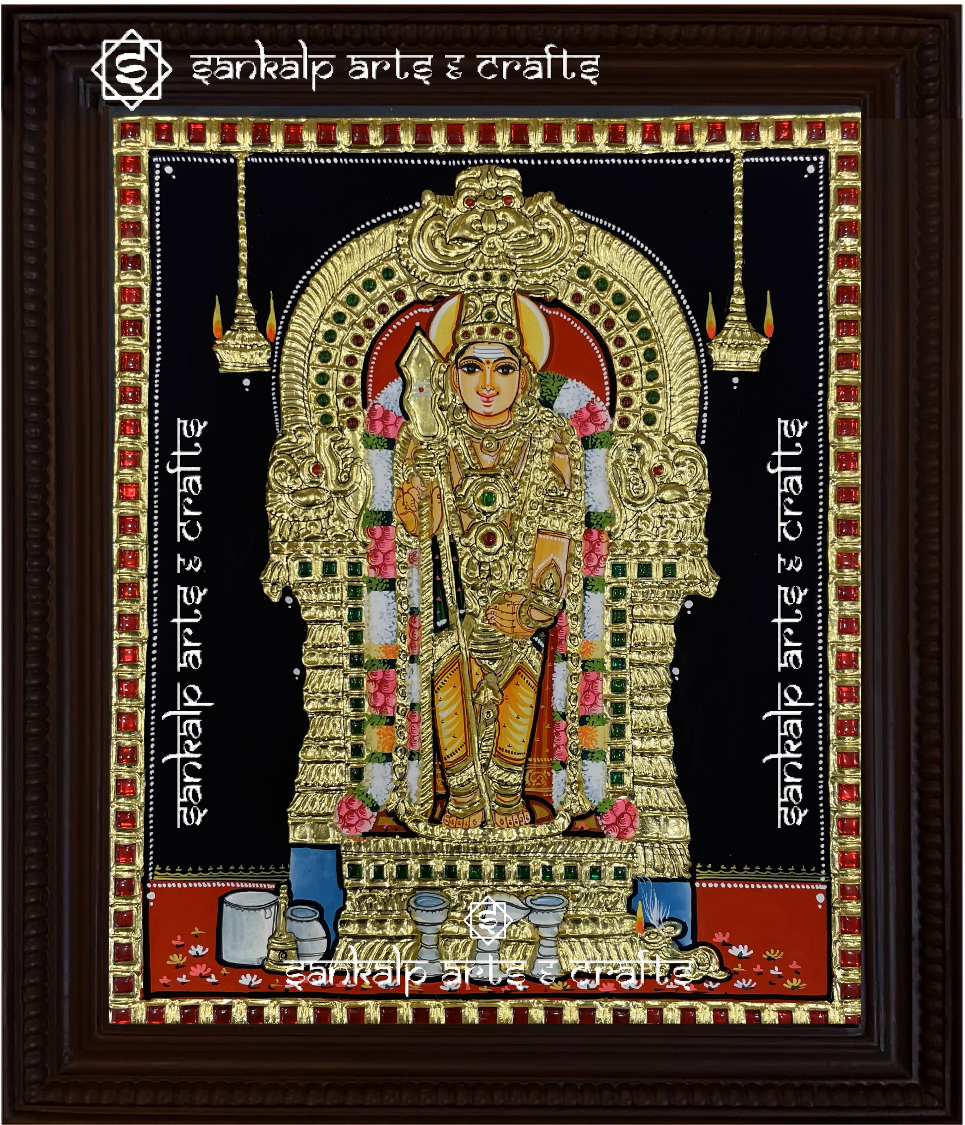 A stunning Swamimalai Murugan Tanjore painting handcrafted with rich gold foil detailing, perfect for spiritual decor in Chennai & Bangalore.