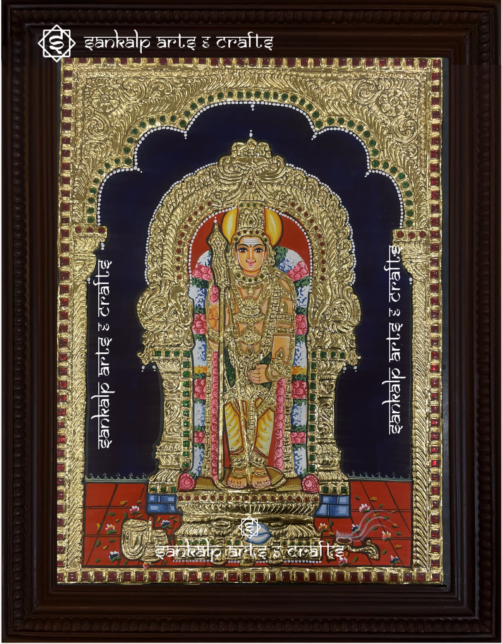 A magnificent framed Tanjore painting of Lord Murugan at Swamimalai, crafted with intricate gold foil work. A sacred decor piece for homes in Chennai & Bangalore.

