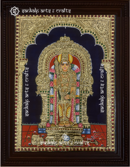 A magnificent framed Tanjore painting of Lord Murugan at Swamimalai, crafted with intricate gold foil work. A sacred decor piece for homes in Chennai & Bangalore.


