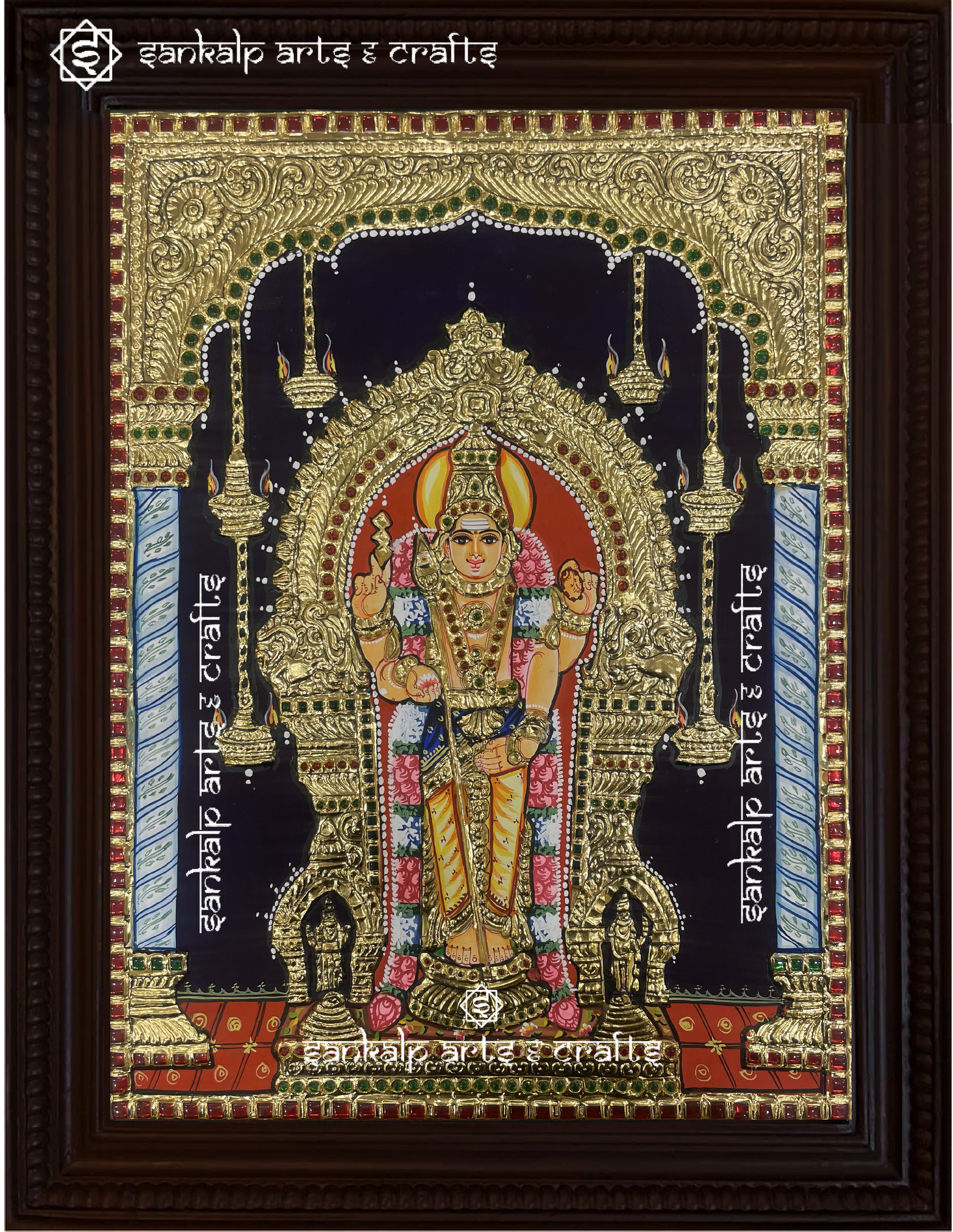 A magnificent framed Tanjore painting of Lord Murugan at Thiruchendur, adorned with intricate gold foil work. A perfect sacred decor piece for homes in Chennai & Bangalore.

