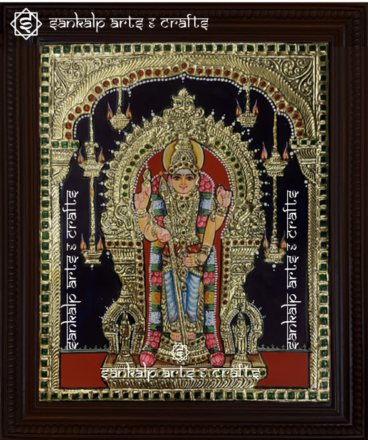A beautifully handcrafted Thiruchendur Murugan Tanjore painting depicting Lord Murugan with his divine attributes, adorned with intricate gold foil detailing and vibrant colors. This artwork symbolizes strength, wisdom, and protection.

