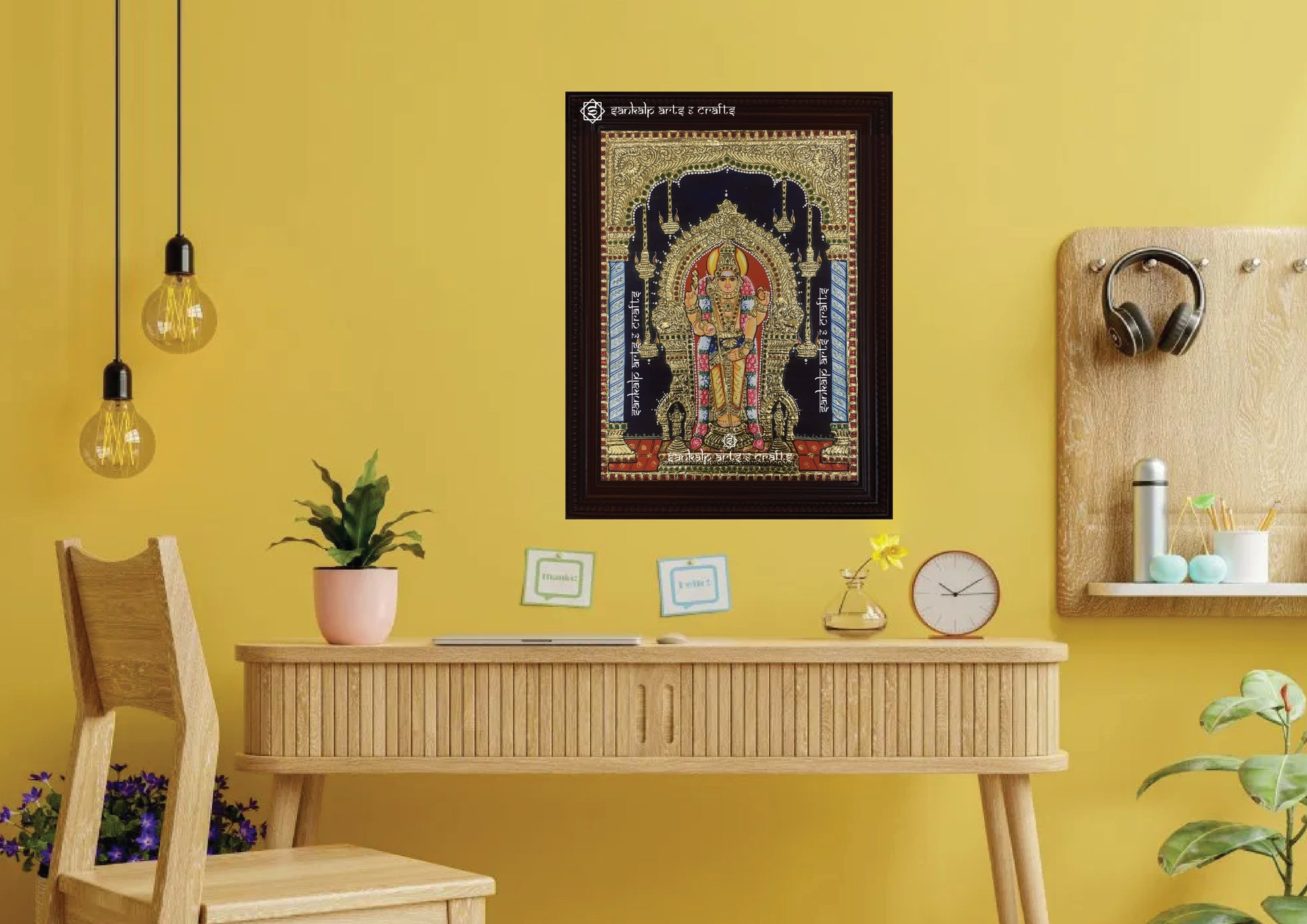 A beautifully detailed Tanjore painting of Lord Murugan at Thiruchendur, enhancing the spiritual ambiance of home decor. Available in Chennai & Bangalore.

