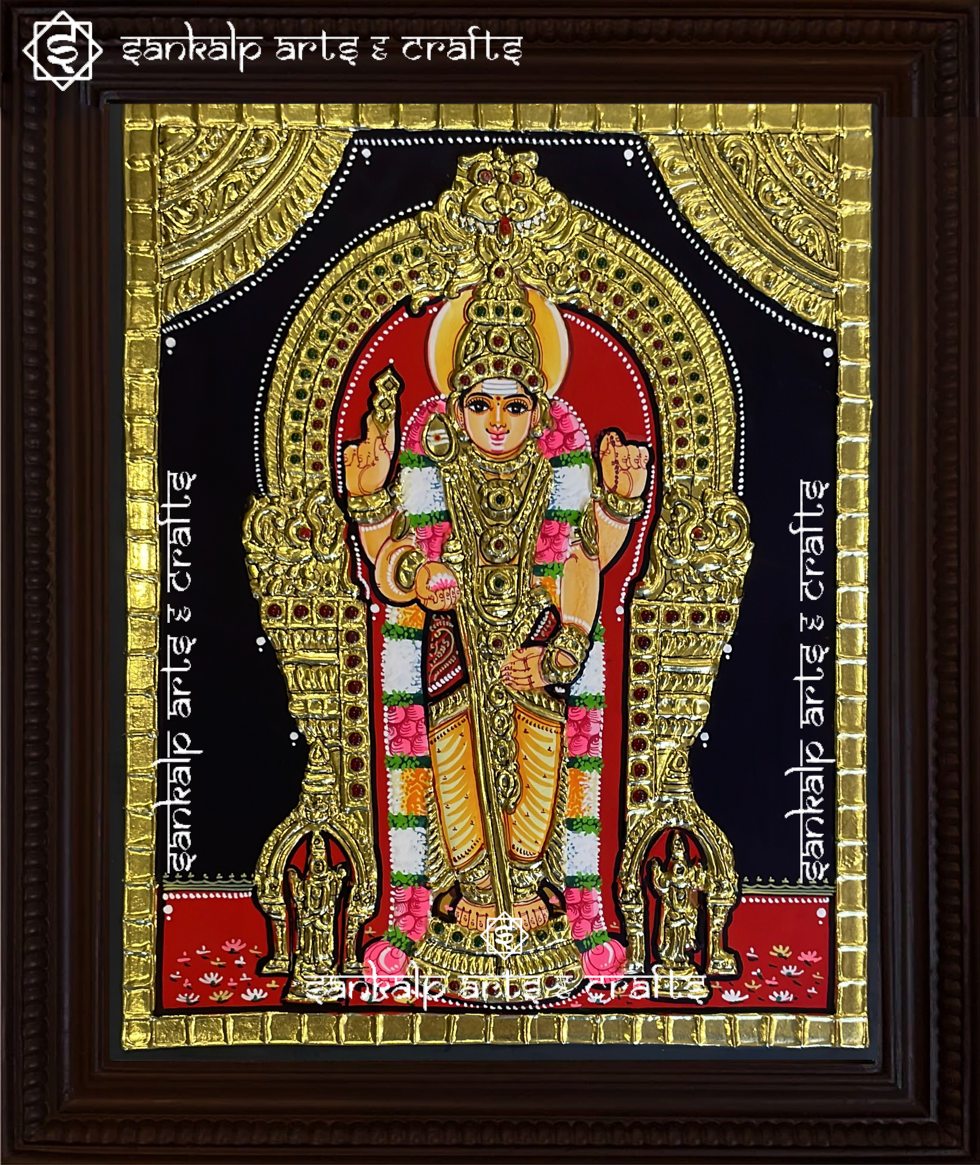 A stunning Tanjore painting of Lord Murugan in Thiruchendur, handcrafted with gold foil and vibrant colors for traditional decor in Chennai & Bangalore.

