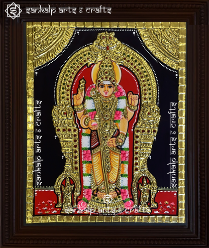 A stunning Tanjore painting of Lord Murugan in Thiruchendur, handcrafted with gold foil and vibrant colors for traditional decor in Chennai & Bangalore.

