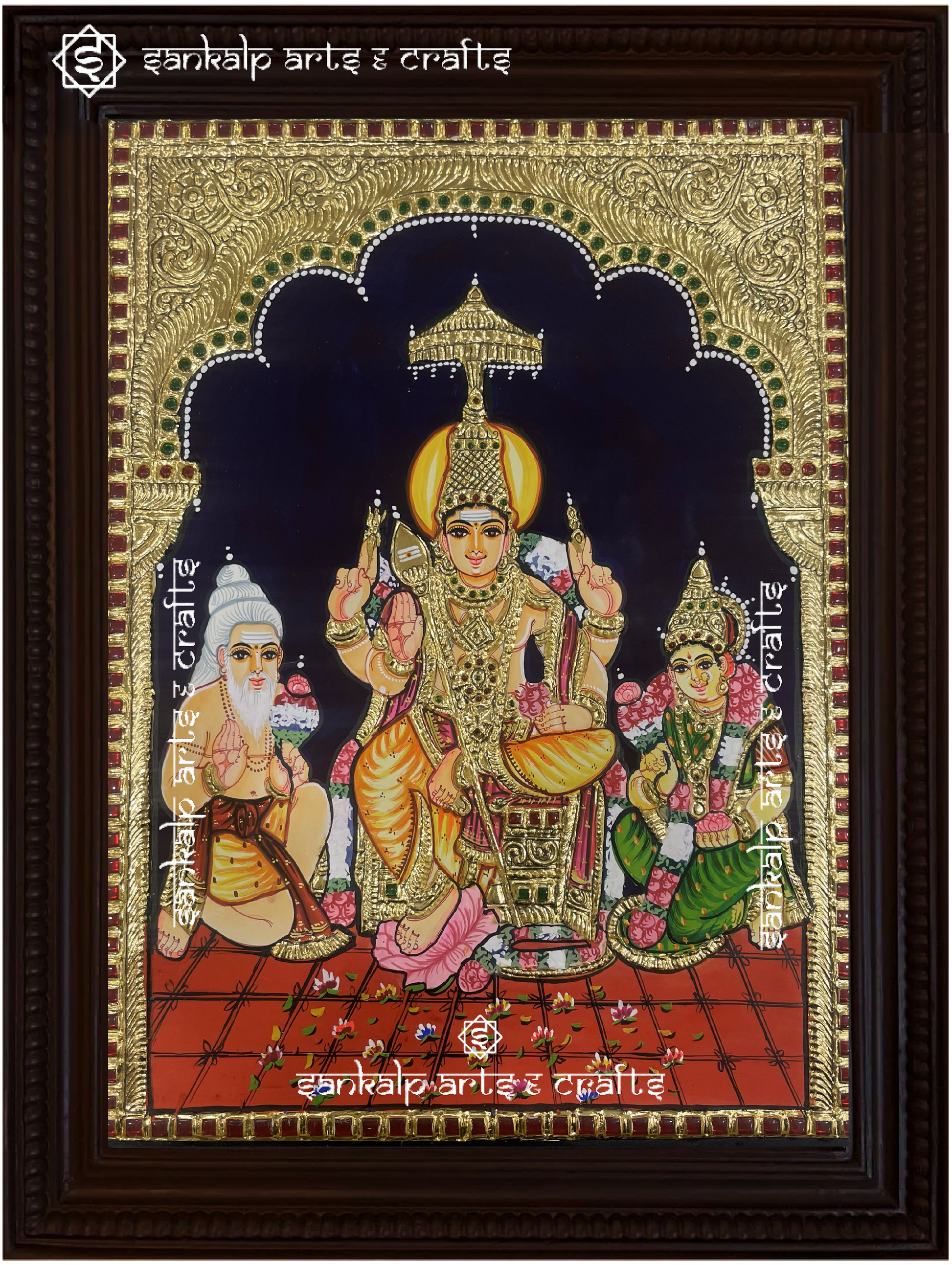 A stunning framed Tanjore painting of Lord Murugan at Thiruparamkundram, handcrafted with gold foil detailing. A sacred decor piece for homes in Chennai & Bangalore.

