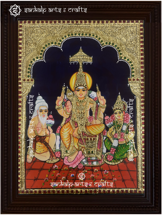 A stunning framed Tanjore painting of Lord Murugan at Thiruparamkundram, handcrafted with gold foil detailing. A sacred decor piece for homes in Chennai & Bangalore.


