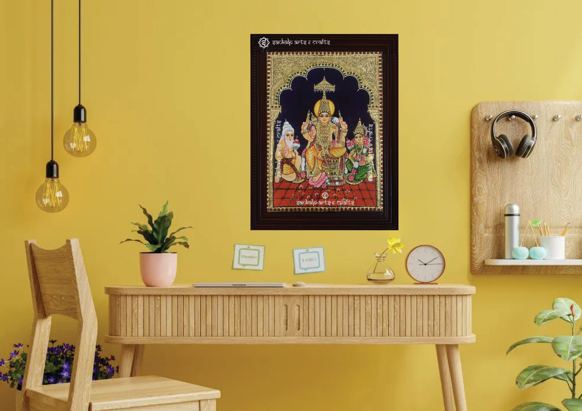 A beautifully designed Tanjore painting of Lord Murugan at Thiruparamkundram, adding spiritual charm to home decor. Available in Chennai & Bangalore.

