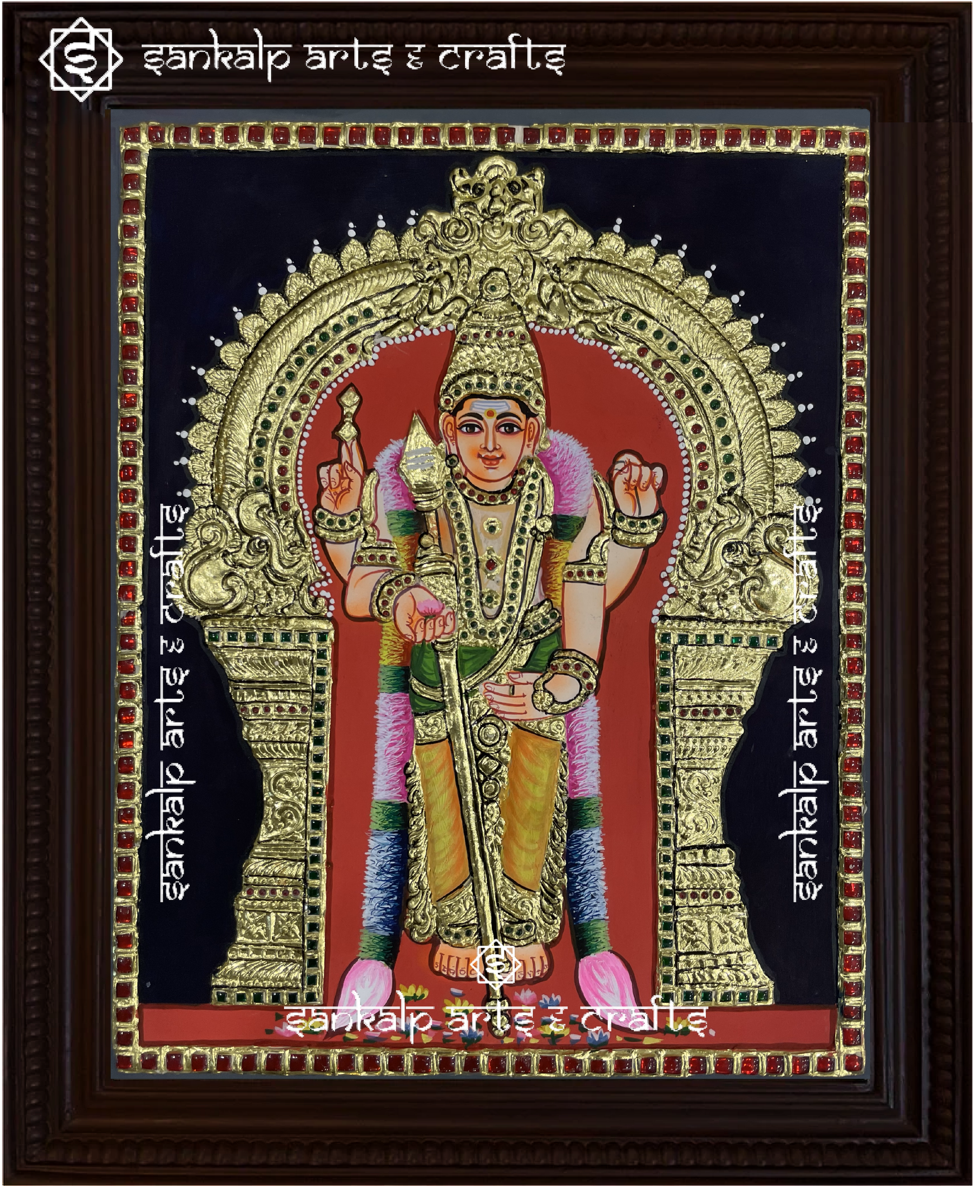 A beautifully framed Tanjore painting of Lord Murugan in Tiruchendur, adorned with intricate gold foil work. A perfect decor piece for homes in Chennai & Bangalore.