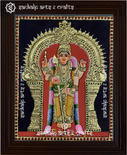 A beautifully framed Tanjore painting of Lord Murugan in Tiruchendur, adorned with intricate gold foil work. A perfect decor piece for homes in Chennai & Bangalore.