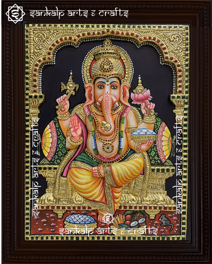 This exquisite 3D Tanjore painting of Lord Ganesha, symbolizing wisdom and prosperity, is ideal for pooja rooms in Chennai & Bangalore.