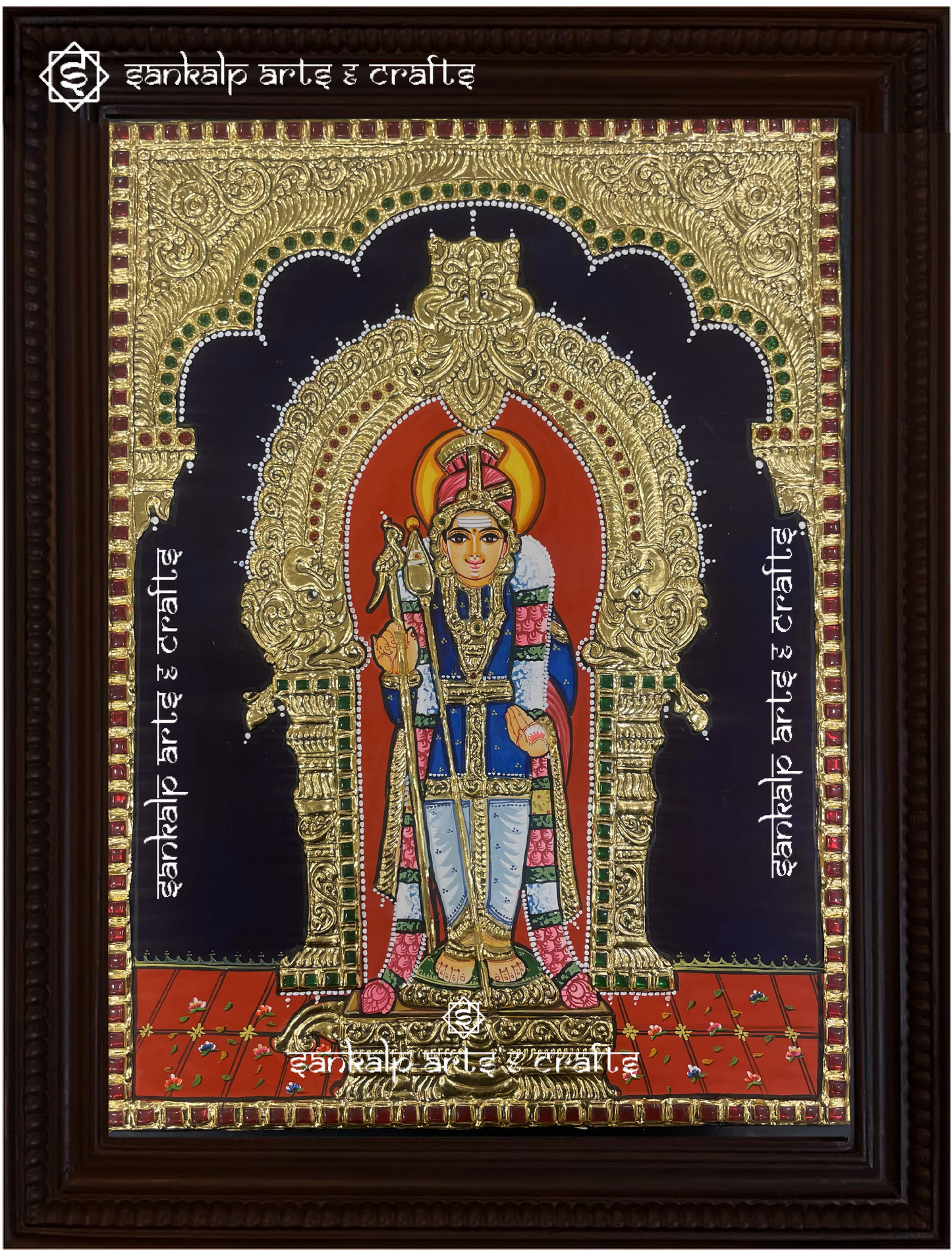 This exquisite collection of 6 Tanjore paintings showcases Lord Murugan’s six sacred abodes, perfect for pooja rooms in Chennai & Bangalore.


