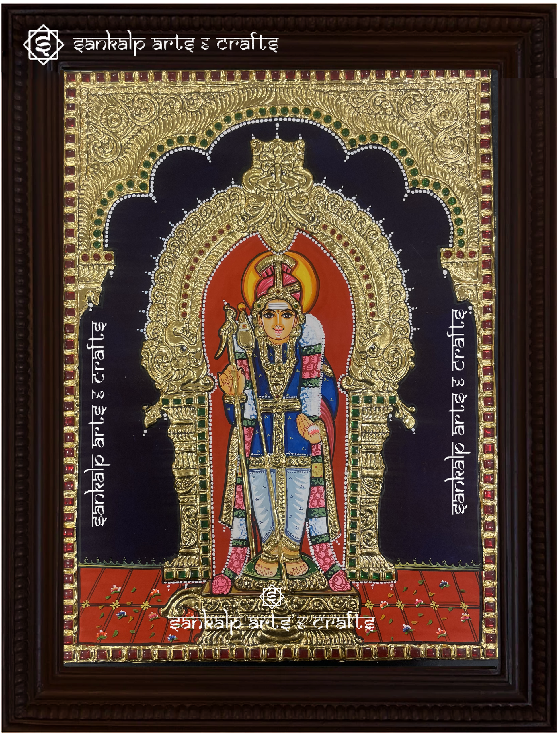 This exquisite collection of 6 Tanjore paintings showcases Lord Murugan’s six sacred abodes, perfect for pooja rooms in Chennai & Bangalore.

