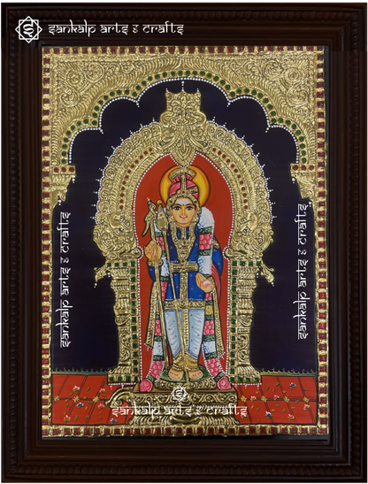 This exquisite collection of 6 Tanjore paintings showcases Lord Murugan’s six sacred abodes, perfect for pooja rooms in Chennai & Bangalore.

