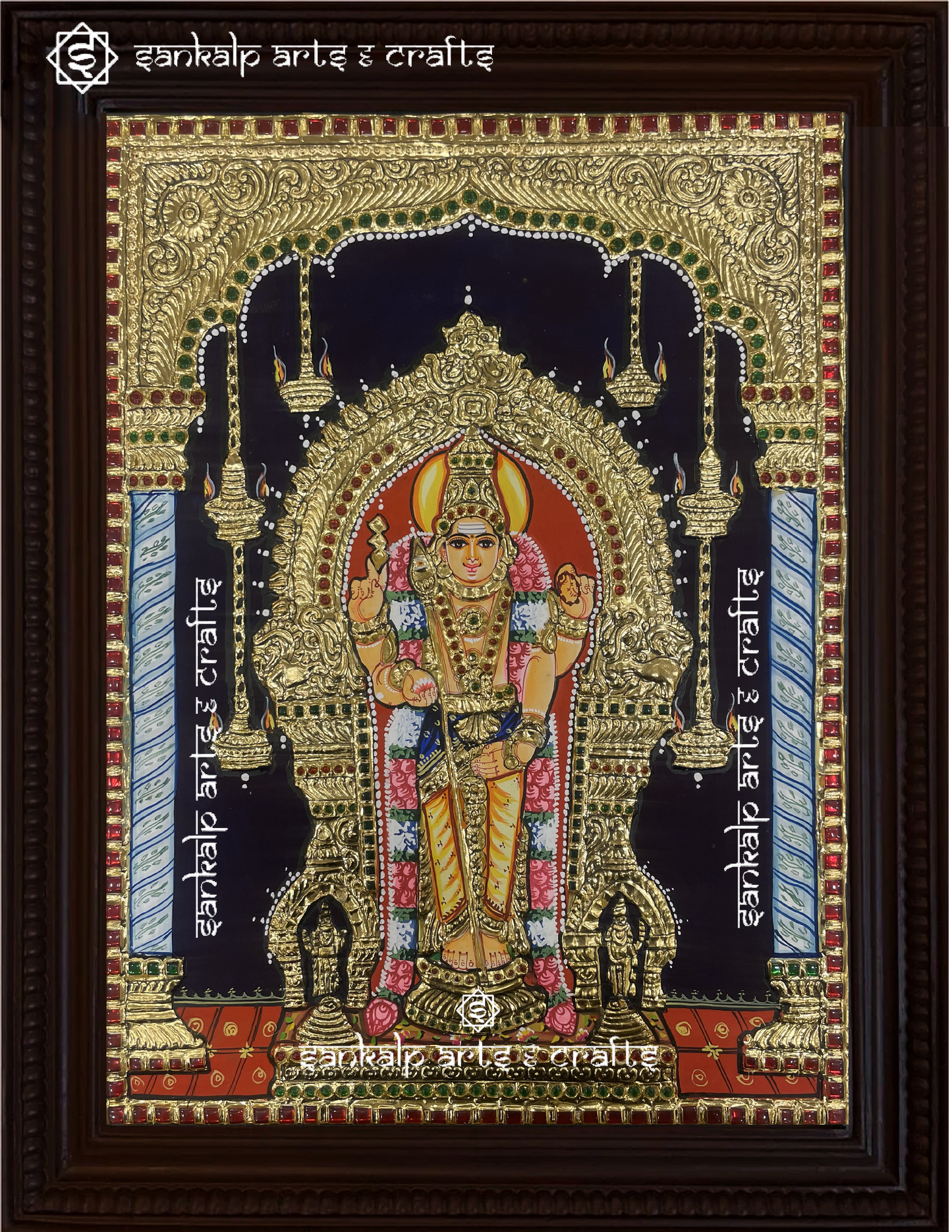 This exquisite collection of 6 Tanjore paintings showcases Lord Murugan’s six sacred abodes, perfect for pooja rooms in Chennai & Bangalore.

