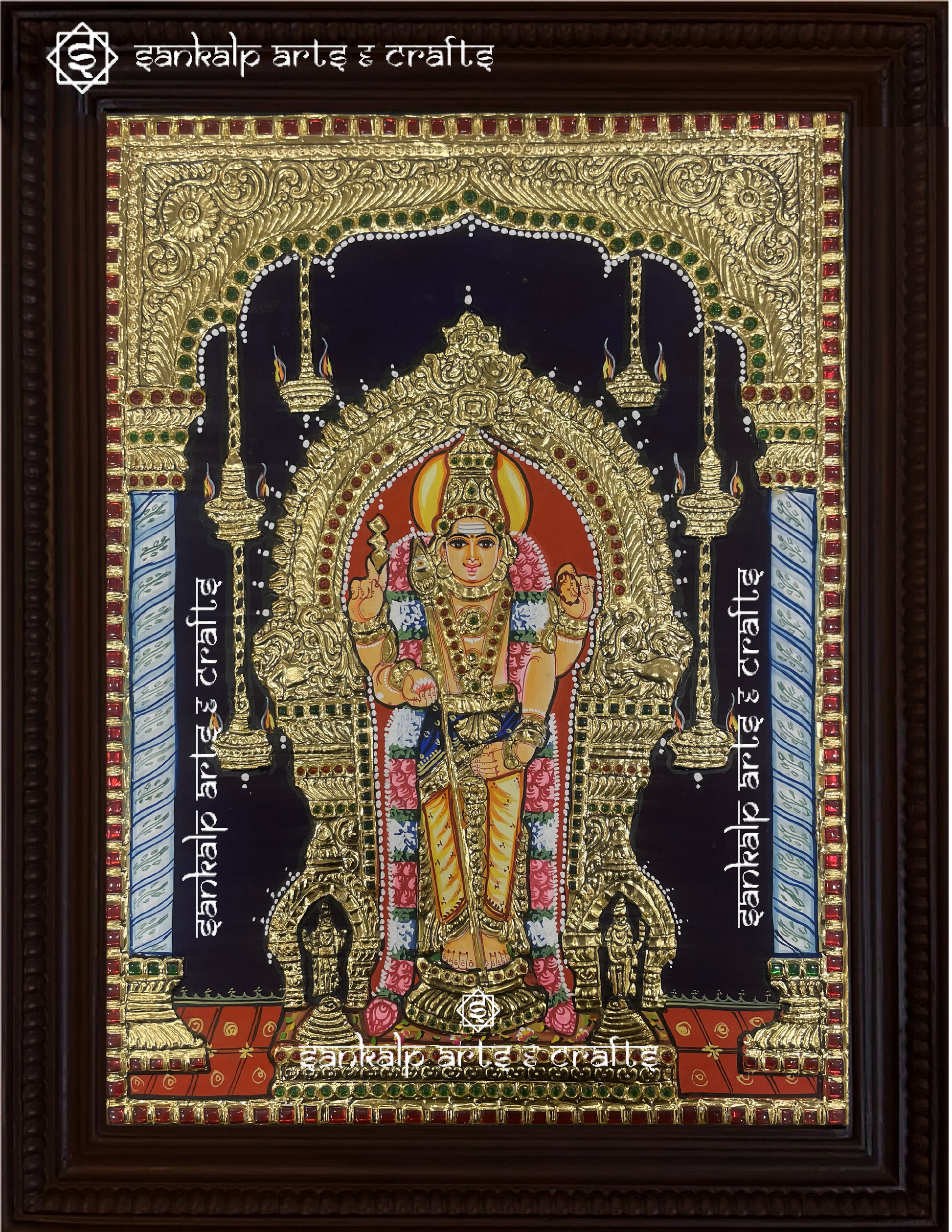 This exquisite collection of 6 Tanjore paintings showcases Lord Murugan’s six sacred abodes, perfect for pooja rooms in Chennai & Bangalore.


