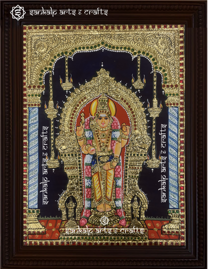 This exquisite collection of 6 Tanjore paintings showcases Lord Murugan’s six sacred abodes, perfect for pooja rooms in Chennai & Bangalore.

