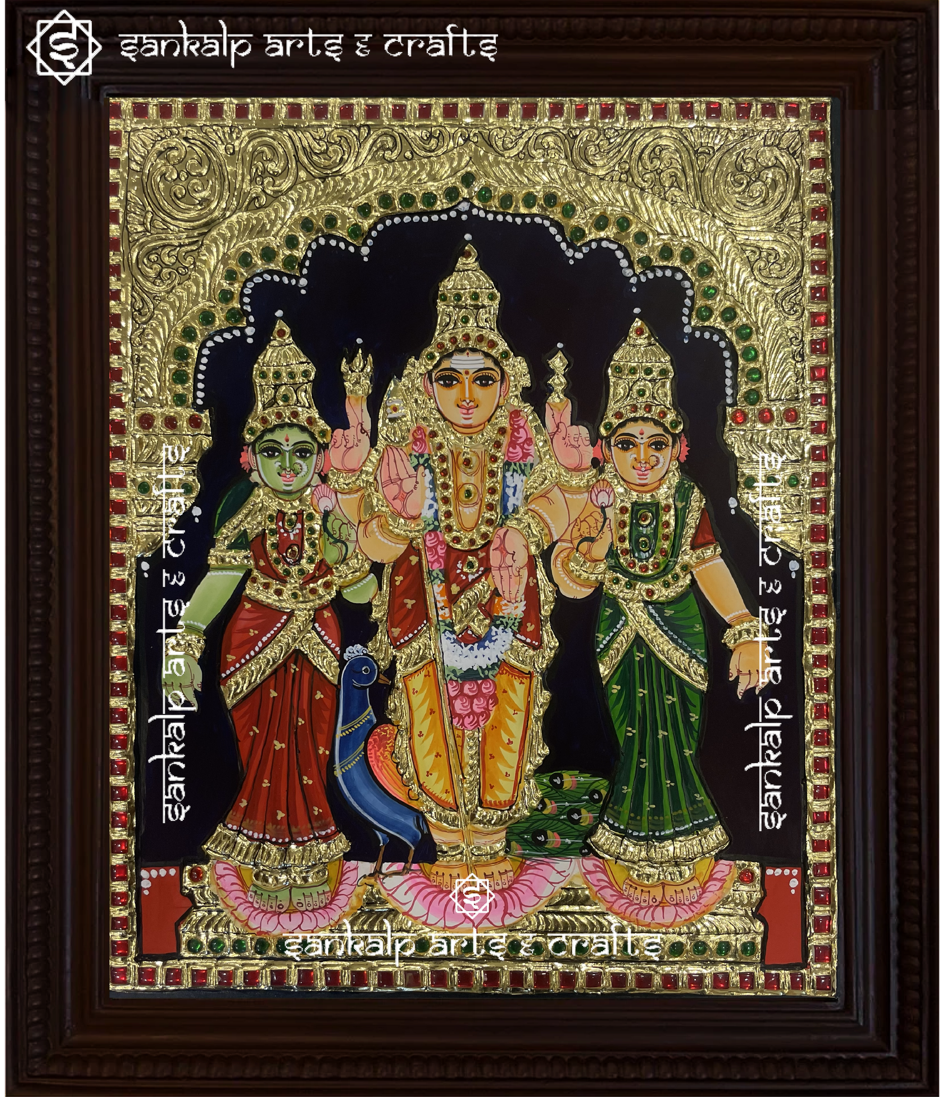 This handcrafted Tanjore painting showcases Lord Murugan with his consorts, Valli and Deivanai, symbolizing divine love and power. Ideal for pooja rooms in Chennai & Bangalore.

