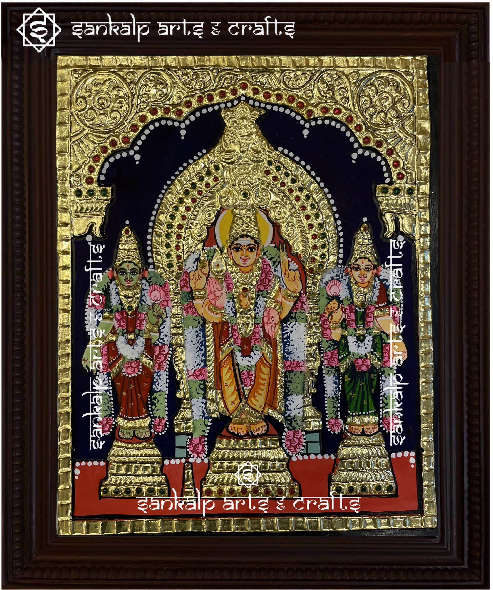 This exquisite Tanjore painting of Lord Murugan with Valli and Deivanai, symbolizing divine love and protection, is ideal for pooja rooms in Chennai & Bangalore.