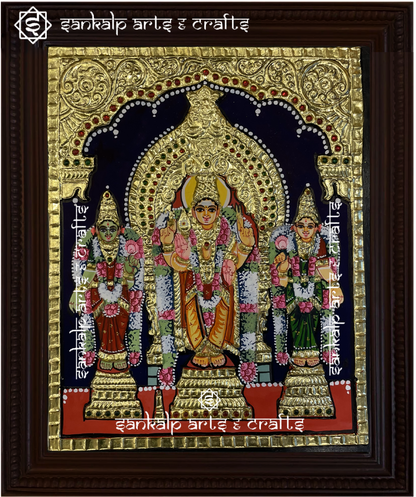 This exquisite Tanjore painting of Lord Murugan with Valli and Deivanai, symbolizing divine love and protection, is ideal for pooja rooms in Chennai & Bangalore.