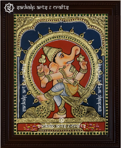 This exquisite Tanjore painting of Dancing Vinayagar (Narthana Ganapathi) is adorned with intricate gold foil work, perfect for spiritual spaces in Chennai & Bangalore.