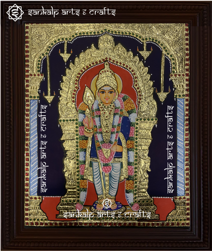 This handcrafted Tanjore painting of Lord Murugan in Palani captures his divine presence and blessings, ideal for pooja rooms in Chennai & Bangalore.

