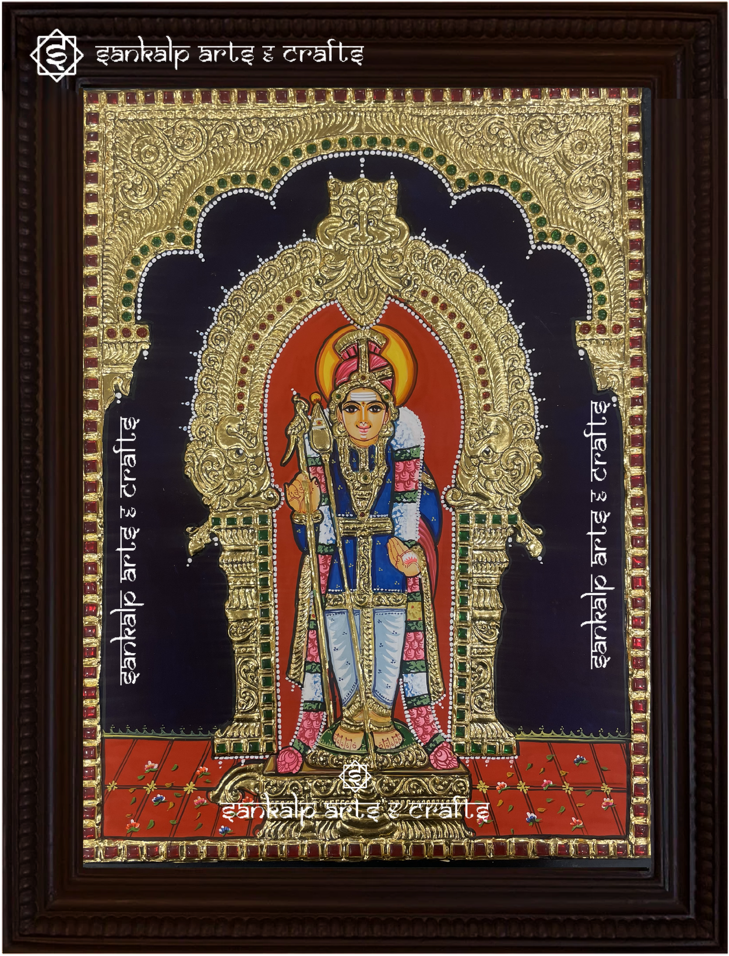 This exquisite Tanjore painting of Lord Murugan at Pazhani brings divine grace and devotion, perfect for pooja rooms in Chennai & Bangalore.

