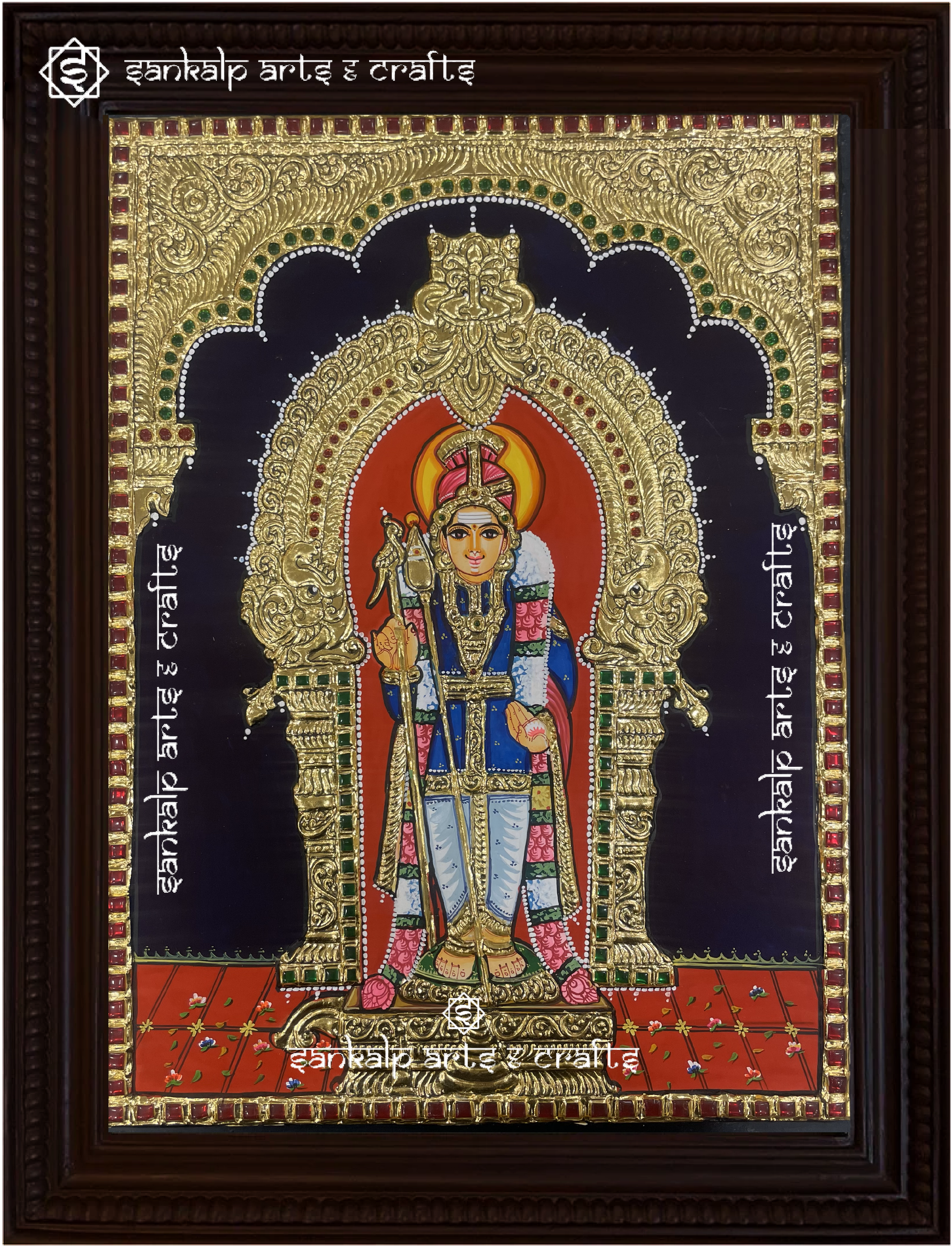 This exquisite Tanjore painting of Lord Murugan at Pazhani brings divine grace and devotion, perfect for pooja rooms in Chennai & Bangalore.

