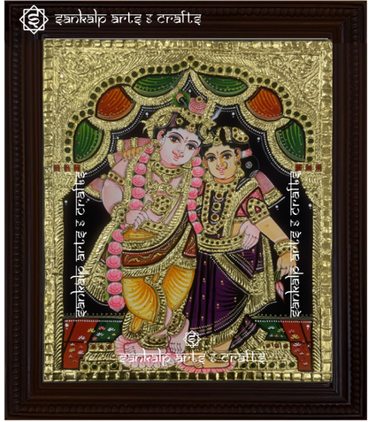 This Radhe Krishna Tanjore painting is a timeless work of art, featuring intricate details and vibrant colors, perfect for decor lovers in Chennai & Bangalore.