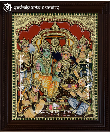 This exquisite Tanjore painting of Ram Darbar, symbolizing devotion and righteousness, is ideal for pooja rooms in Chennai & Bangalore.
