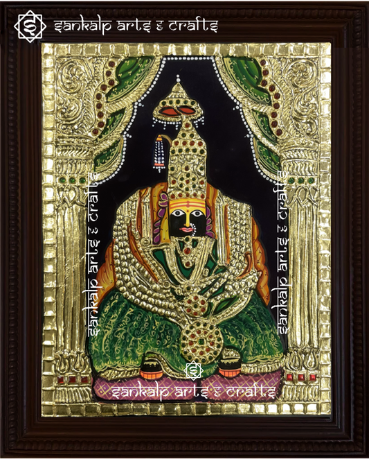A magnificent Tulja Bhavani Tanjore painting depicting the Goddess in vibrant colors with intricate gold foil work. Available in Chennai & Bangalore.

