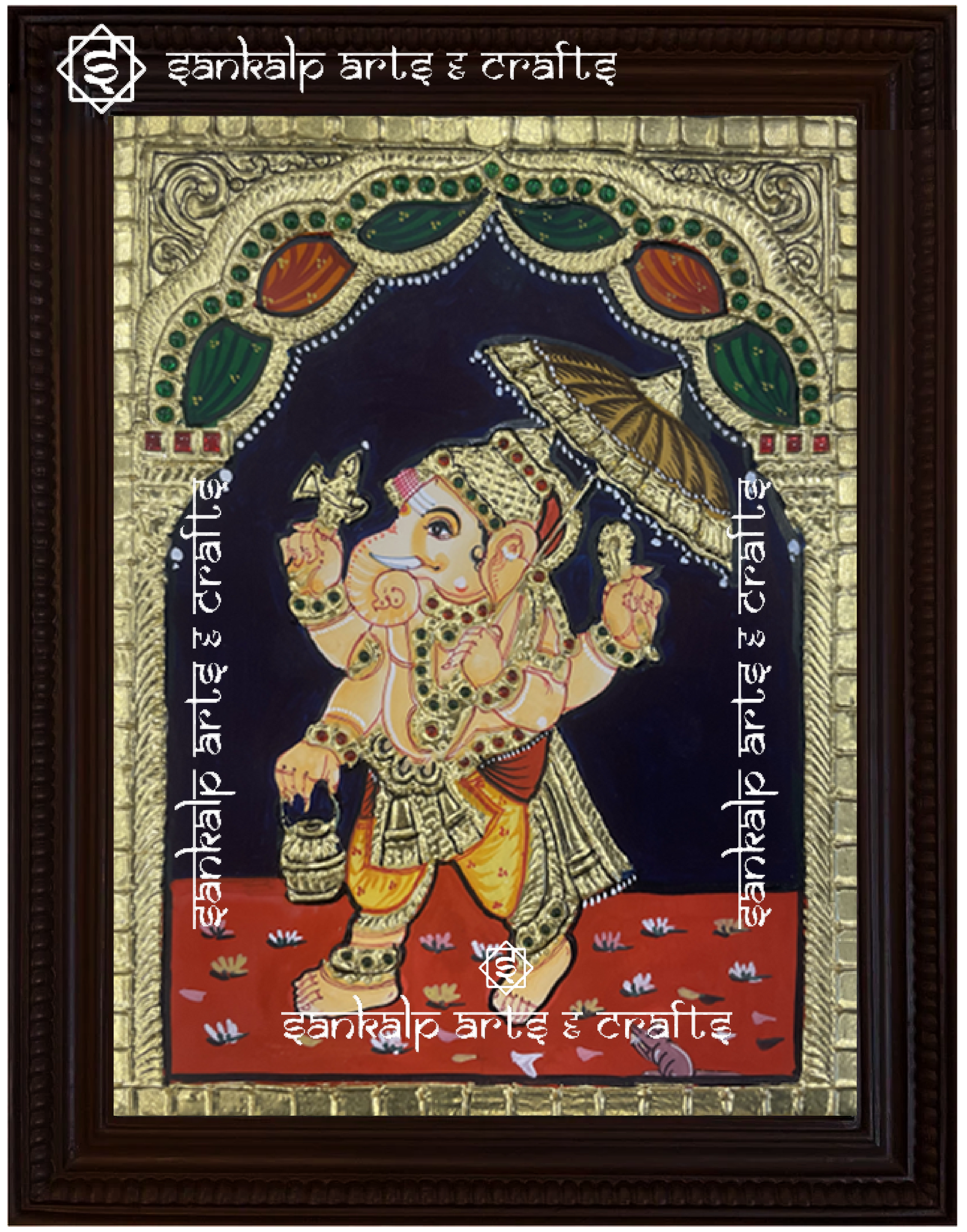 A close-up view of the Kodai Vinayagar Tanjore painting, showcasing Lord Ganesha with an umbrella, adorned with exquisite gold foil and vibrant hues. This painting represents divine protection, wisdom, and abundance.

