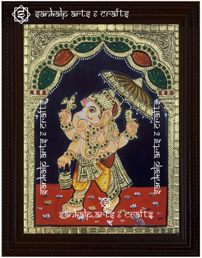 A close-up view of the Kodai Vinayagar Tanjore painting, showcasing Lord Ganesha with an umbrella, adorned with exquisite gold foil and vibrant hues. This painting represents divine protection, wisdom, and abundance.

