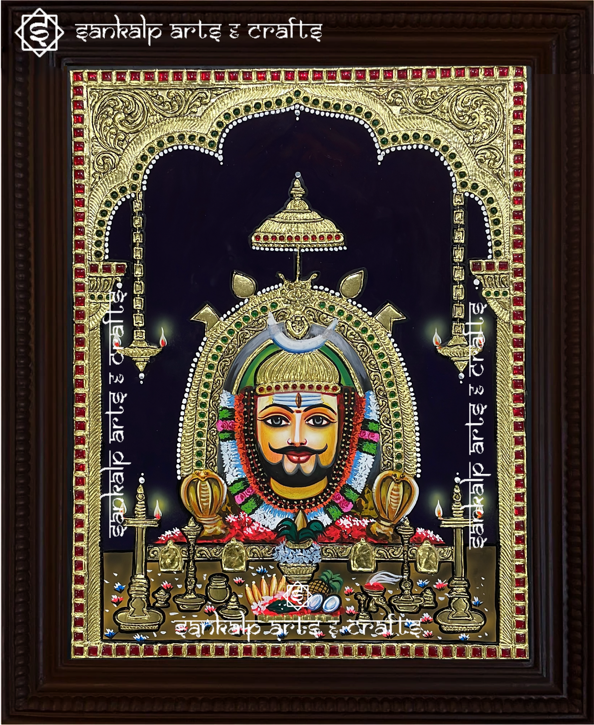 A magnificent Tanjore painting of Vimaleshwara Ravana, handcrafted with intricate gold foil detailing and vibrant colors. A divine decor piece for homes and temples in Chennai & Bangalore.

