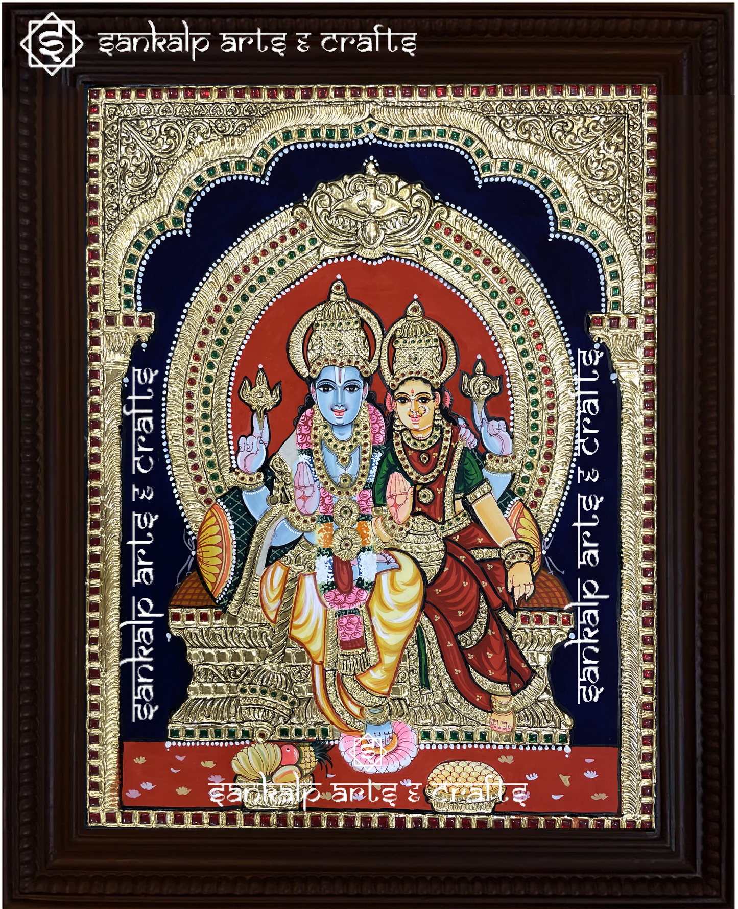 A stunning Vishnu Lakshmi Tanjore painting featuring Lord Vishnu and Goddess Lakshmi seated in divine splendor. This exquisite gold foil painting is available in Chennai & Bangalore.