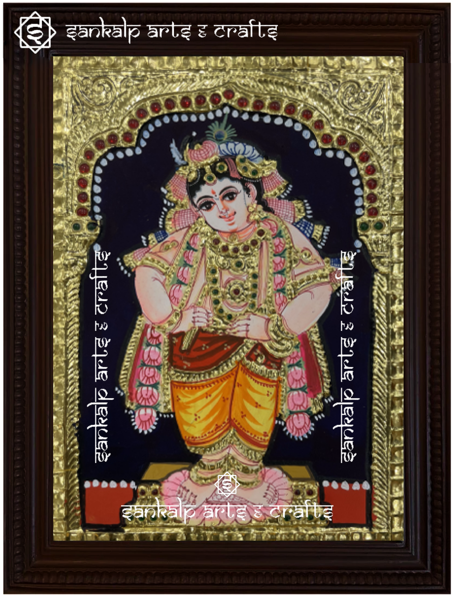 A beautifully handcrafted Vitobha Krishna Tanjore painting depicting Lord Krishna in his divine form, adorned with intricate gold foil detailing and vibrant colors, capturing his spiritual grace and charm.

